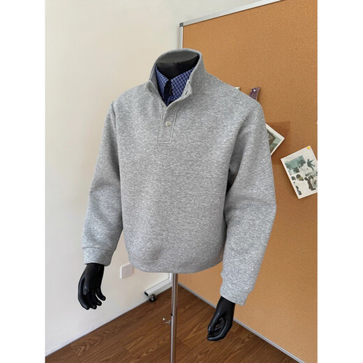 XUANSENTU light gray American plaid fake two-piece sweatshirt men's autumn Henley collar polo shirt cleanfit jacket trendy black fabric upgrade XL