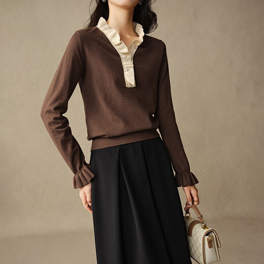 Late White New Product 2025 Autumn Fashion Simple Casual Sweater Temperament V-neck Lace Elegant Knitted Sweater Women Brown S