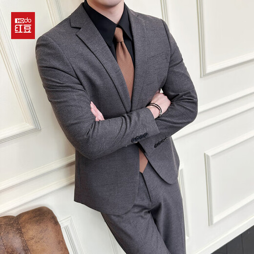 Red bean worsted wool micro-elastic suit men's slim professional formal business suit wedding groomsmen suit groom suit gray M 170