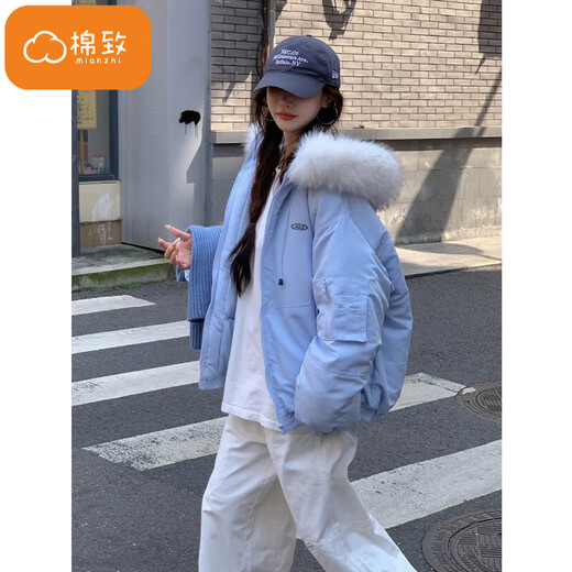Cotton large fur collar parka cotton jacket for women in autumn and winter new style small cotton jacket loose down jacket down jacket cotton jacket Feng 516 white gray high quality M 105-120Jin Jin equals 0.5 kg