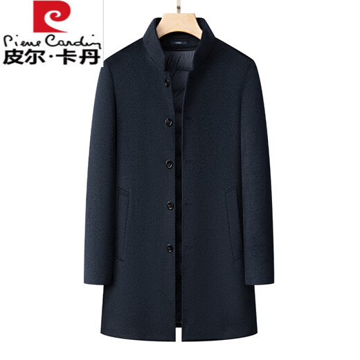 Pierre Cardin's new winter thickened 95% goose down lining wool jacket for men, mid-length stand-up collar cashmere warm coat for men, navy blue 2XL 185 recommended 160-180 Jin Jin equals 0.5 kg