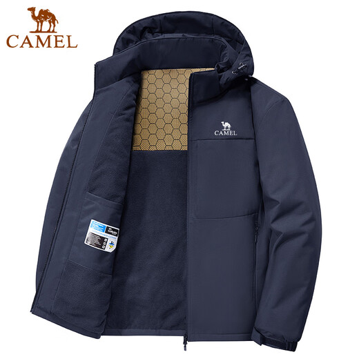 Camel Jacket Men's Graphene Autumn and Winter Jacket Men's Windbreaker New Hooded Velvet Thickened Large Size Top for Middle-aged and Young People Dark Blue M Recommended 100-120Jin Jin equals 0.5 kg