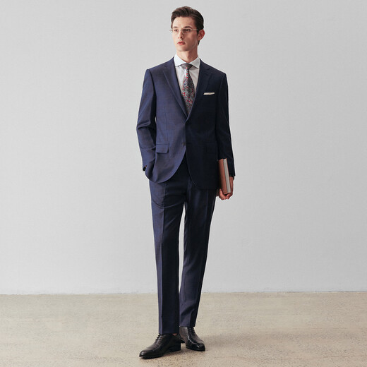 By Creations 130S High Count Pure Wool Dark Plaid Business Suit Suit Men's Professional Commuting Formal Wedding Suit Navy Blue 50