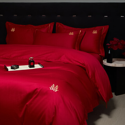 Mercury series home textiles high-end bright red wedding four-piece set wedding quilt cover pure cotton pure cotton sheets and fitted sheets bedding, the only 1.8 fitted sheet four-piece set quilt set 200*230