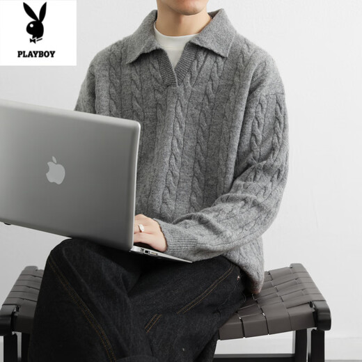 Playboy (PLAYBOY) twist long-sleeved sweater men's autumn and winter lazy style Henry collar American retro knitted versatile POLO shirt men's black M