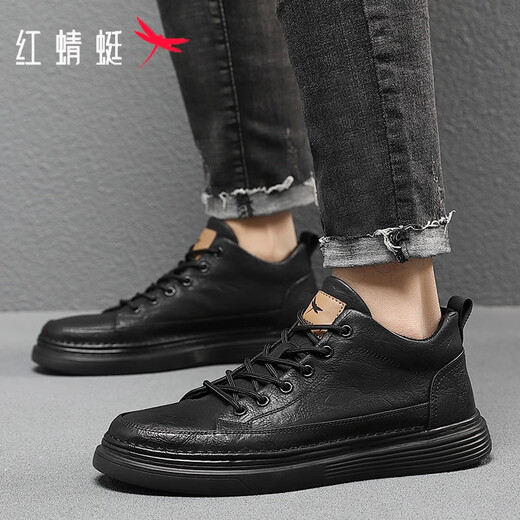 Red Dragonfly Men's Shoes Business Casual Leather Shoes Men's 2025 Autumn and Winter New Style Sneakers Men's Versatile Cowhide and Velvet Warm Shoes Men's All Black 7002 41 (255)