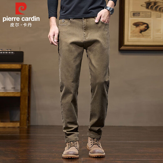 Джинсы Pierre Cardin, мужские осенне-зимние высококачественные модные свободные прямые повседневные брюки, мужские хлопковые эластичные брюки светло-коричневого цвета 33
