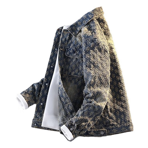 Kazuki Kuraishi KAZUKI KURAISHI American retro washed distressed jacquard high street denim jacket for men spring and autumn new fashion brand loose casual jacket for men yellow mud color XL 130-140Jin Jin equals 0.5 kg