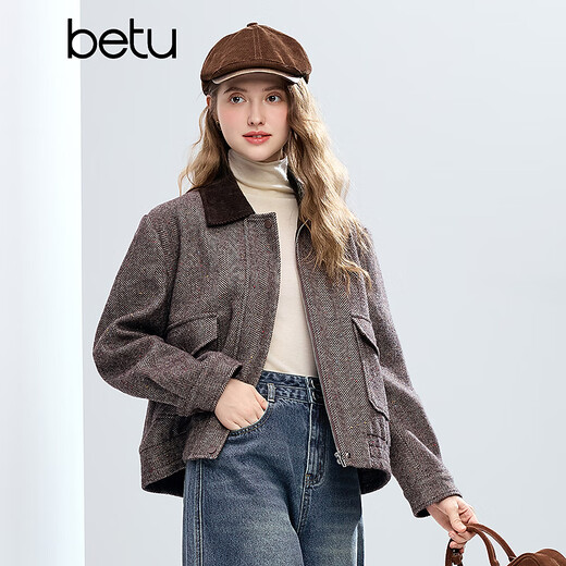 Betu Women's 2025 Winter New Short Jacket High-Quality Winter Barn Style Sheep Wool Jacket Women 2511T30 Mocha Color XS