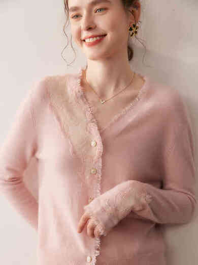 SENLIYA international light luxury high-end cashmere sweater lace jacquard v-neck cashmere cardigan women's style knitted sweater jacket white M