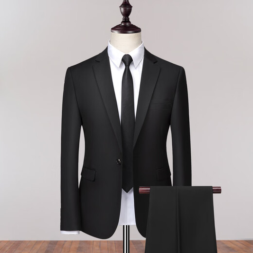 GOLDLION G+ suit suit for young men Korean style slim fit groom wedding business casual professional formal suit small suit men's jacket two-button black (jacket + trousers + shirt) S 165