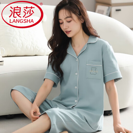 Langsha pure cotton pajamas for women summer 2025 new high-end short-sleeved cropped pants large size cardigan for women to wear at home n9896 short-sleeved/cropped pants cardigan 3XL (160-180Jin Jin equals 0.5 kg)