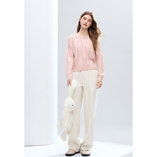 Betu Women's 2025 Winter New Sweater Round Neck Drop Shoulder Sleeves Simple Slim Pearl Decorated Top 2510X10 Pink M