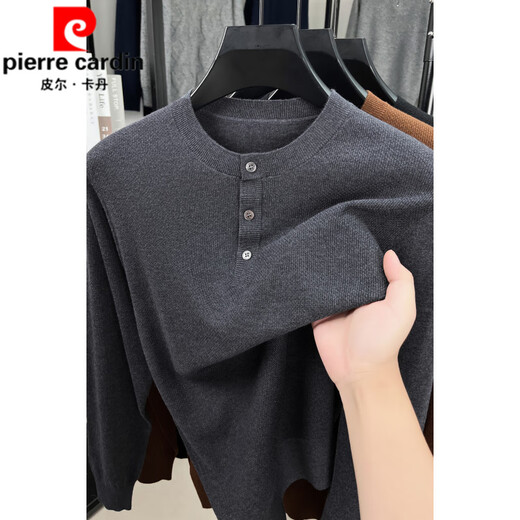 Pierre Cardin men's Henry round neck casual fashion sweater 2025 new spring and autumn sweater base layer versatile solid gray XL