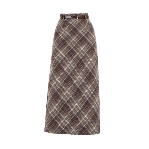 MJ STYLE woolen plaid skirt women's 2025 new spring and autumn high waist slimming slit hip mid-length skirt Khaki L