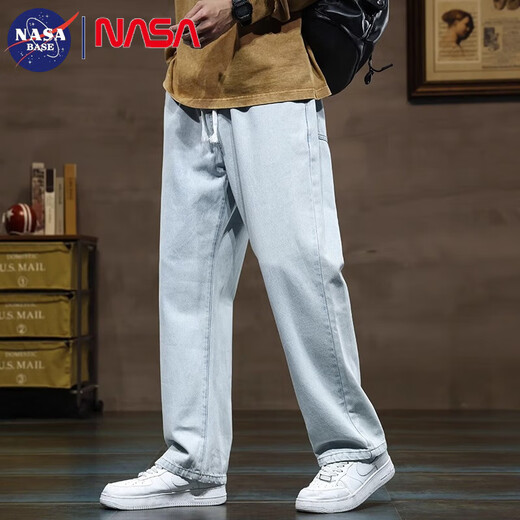 NASA BASE牛仔裤男春秋新款男士2025新款弹力潮款男裤宽松直筒休闲阔腿裤子 黑灰 XL （建议125-145斤）