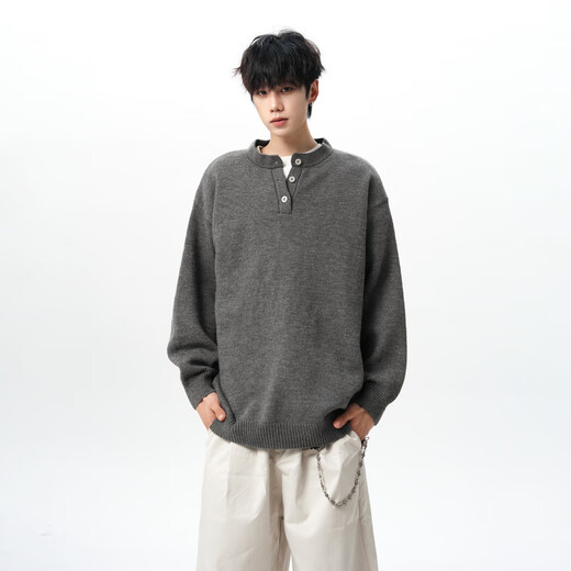 Carew micro Henry collar sweater men's large size student outdoor loose lazy style knitted sweater with warm base layer for men light gray M