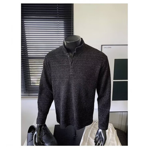 Diagonal striped Henry collar sweatshirt men's autumn heavyweight small fragrance polo shirt T-shirt American style inner layering shirt jacket black XL recommended 120-140Jin Jin equals 0.5 kg