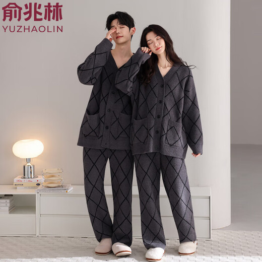 Yu Zhaolin double-sided half-velvet kimono collar V-neck cardigan couples pajamas winter thickened and warm young men and women home clothes 146012+146509 M Female