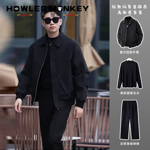 Sound Monkey Khaki Retro Workwear Jacket Men's High-end and Handsome Short Jacket Set Spring and Autumn Mature Style Men's Wear Set Khaki Jacket + Round Neck Sweater Black + Black Suit Pants XL
