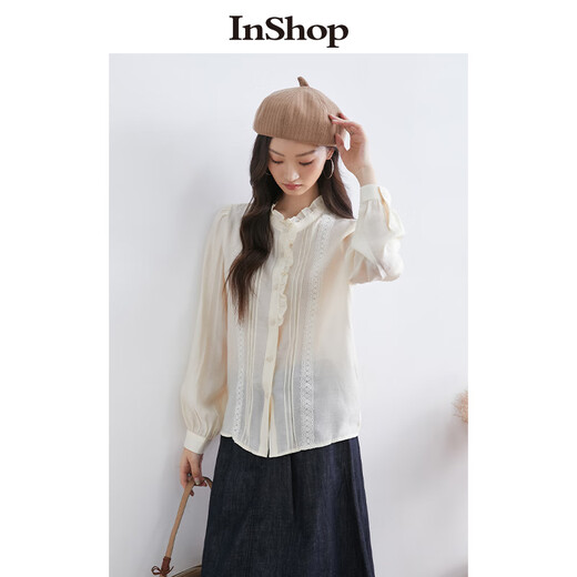 InShop mall same style new women's French micro puff sleeve shirt lace sweet temperament top apricot L
