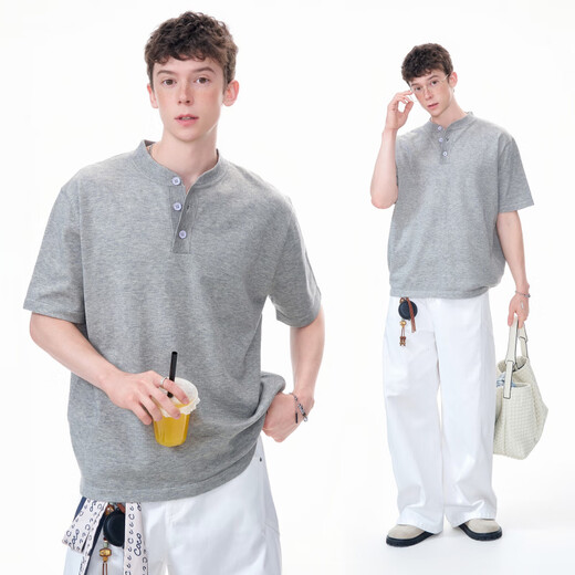 Dream made American retro cleanfit henley collar short-sleeved T-shirt men's summer shoulder sweater half-sleeved floral gray M