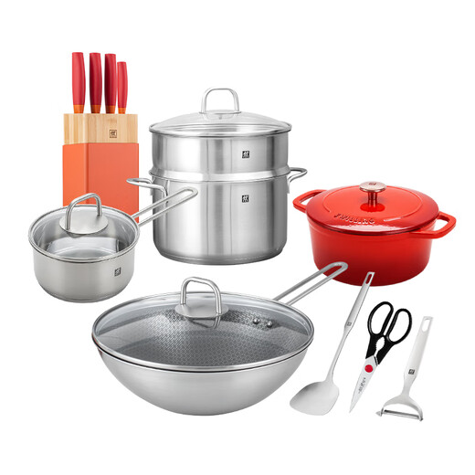 ZWILLING pot set, wok, stainless steel soup pot, steamer, milk pot, enamel pot, soup spatula, household kitchen goodies, happy food carving pot set, 13 pieces