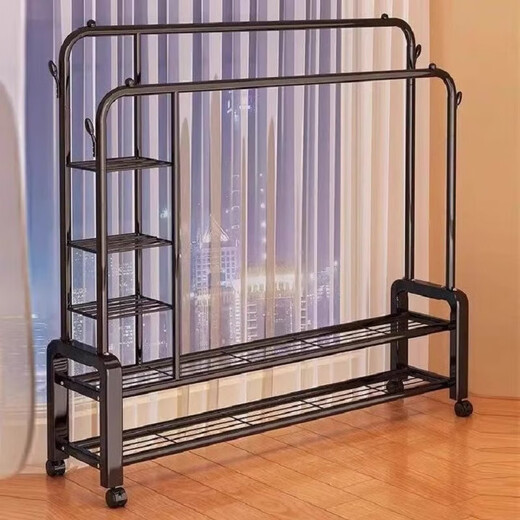 Clothes rack floor-standing bedroom home double pole clothes drying rack indoor clothes coat rack thick balcony clothes pole 130cm black single pole + storage rack