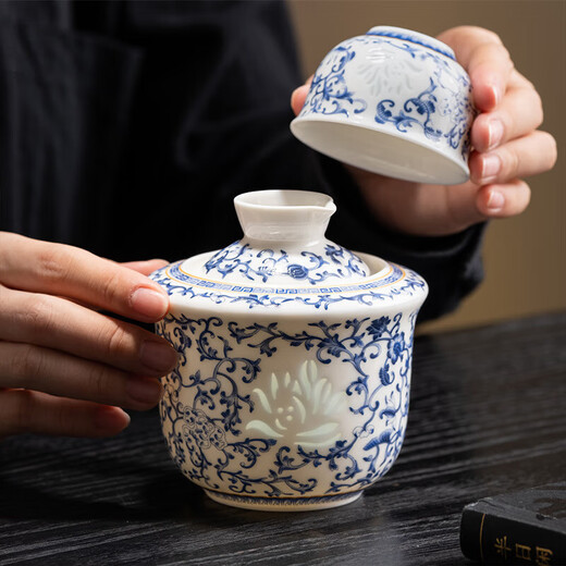 Blue and White Jade Porcelain Exquisite Wine Warmer Ceramic Wine Warmer Household Hot Wine Kettle Yellow Wine White Wine Cup Wine Set Flowery Jade Porcelain Exquisite Yuanyue Wine Warmer Set (One Pot and Three Cups)