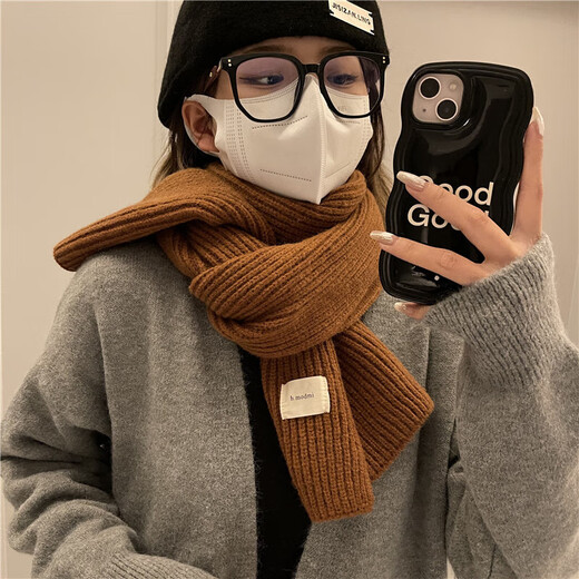Korean style autumn and winter knitted wool scarf for women, versatile and warm, solid color scarf for students, couple, coffee color, red