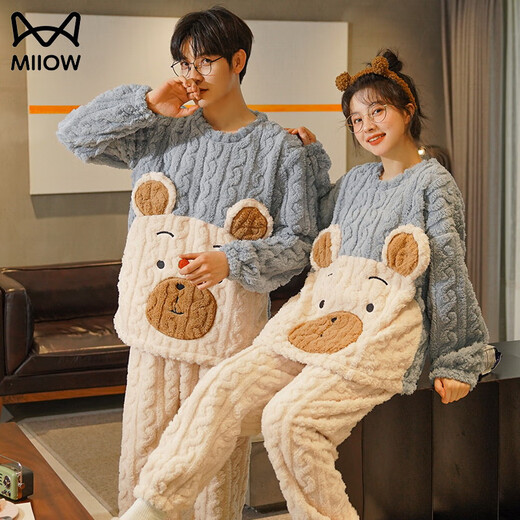 MiiOW coral velvet couple pajamas for women winter thickened velvet warm flannel large size can be worn outside home clothes suit men HMF7786 M women
