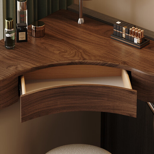 Menglu solid wood dressing table storage integrated corner small apartment modern and simple 2025 new bedroom corner dressing table table standard board multi-layer solid wood board corner dressing table + makeup mirror + circle stool walnut wood grain + khaki gray paint