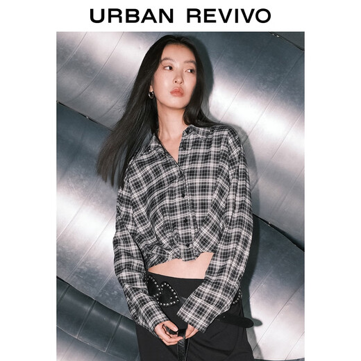 UR2026 Spring new women's clothing contrasting plaid hot diamond decoration long-sleeved blouse shirt UWJ250043 black plaid (loose) S