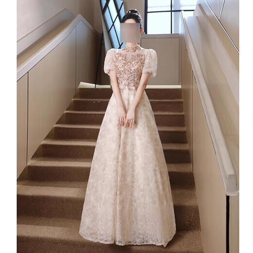 Xiaohanlu evening dress for women, high-end light luxury, dignified and decent, beautiful engagement dress 2025 new banquet host feeling 22260 mid-length short-sleeved XS
