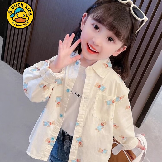 G.duck bear print girls' style shirt spring and autumn loose casual long-sleeved baby Korean style fashionable children's shirt women's off-white regular 130
