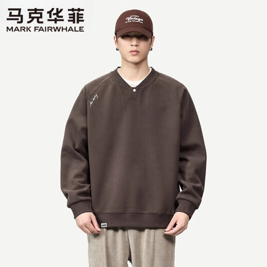 Mark Huafei Henry Collar Sweatshirt for Boys Spring and Autumn American Trendy and Handsome Splicing Casual Versatile Loose Top Men's Pullover Dark Brown Velvet M (110-130Jin Jin is equal to 0.5kg)
