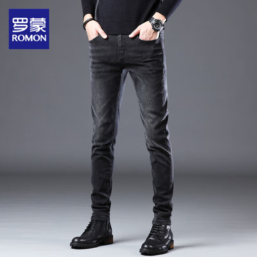 ROMON 2025 Autumn and Winter New High-end Jeans Men's Business Slim Small Feet High-End Stretch Versatile Casual Pants Men's 1048 Black 36