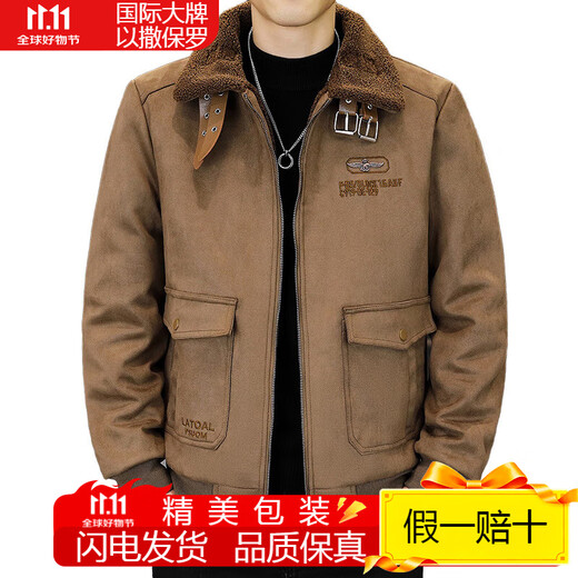 Isaac Paul (YISABAOLUO) autumn and winter high-end light luxury men's leather jacket plus velvet and thickening to keep warm youth deerskin velvet motorcycle fur all-in-one jacket camel high-end (high quality) plus velvet XL 180/100A