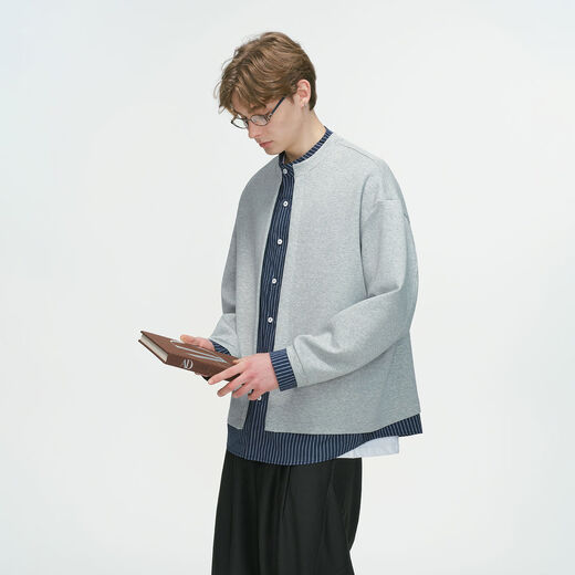 Dreammade American fake two-piece Henry collar cardigan thick cotton T men's spring and autumn high-intelligence gray jacket light gray M