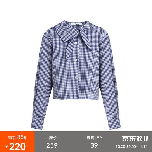 Fano studios Fan Luo Fano niche design rabbit ear collar heavy industry curved tooth craft plaid short shirt women's top autumn blue plaid ready-made S