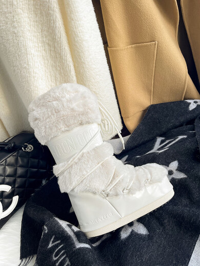 STELLA WEISZ thick-soled fur snow boots for women 2025 winter new moon boots warm anti-slip fashion ski shoes cotton shoes white fur short tube (high-end version) 35