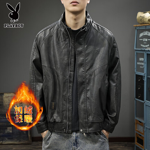 Playboy autumn and winter 2025 new handsome PU leather jacket men's autumn stand-up collar loose American top pilot leather jacket black gray plus velvet L suitable weight 130-145Jin Jin equals 0.5 kg