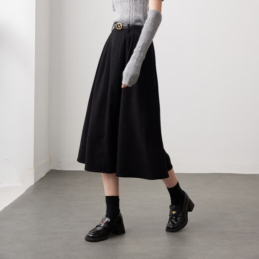 Sancai 2025 new winter high-waist skirt brushed A-line skirt slimming mid-length skirt large swing umbrella skirt for women classic black M 160/68A