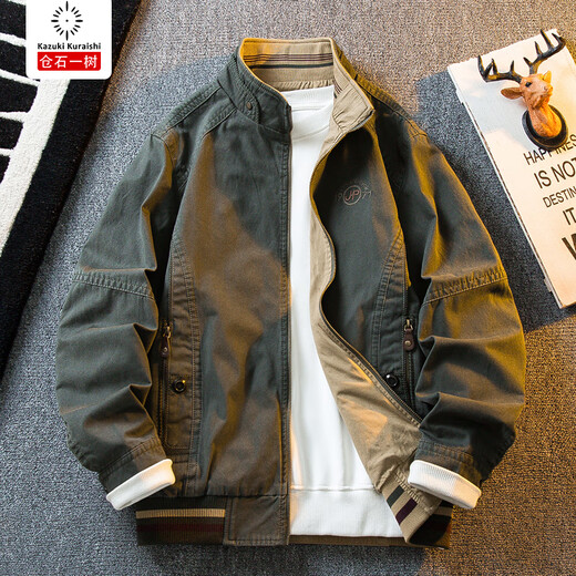 Kuraishi Kazuki retro American handsome stand-up collar hunting jacket men's spring and autumn trendy men's casual reversible jacket men's autumn khaki/military green reversible XL (recommended 136-150Jin Jin equals 0.5 kg)