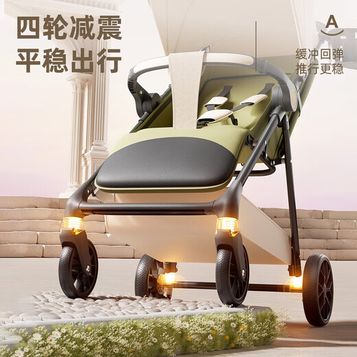 Anbeini baby stroller, baby stroller, stroller for 0-3 years old, foldable, sitting and lying, shock-absorbing stroller, khaki flagship model + one-touch folding + dinner plate