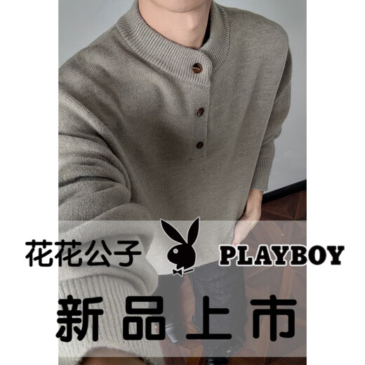 Playboy (PLAYBOY) old money style Henry collar sweater men's spring and autumn loose trendy heavyweight sweater trendy brand-style youth jacket floral gray M