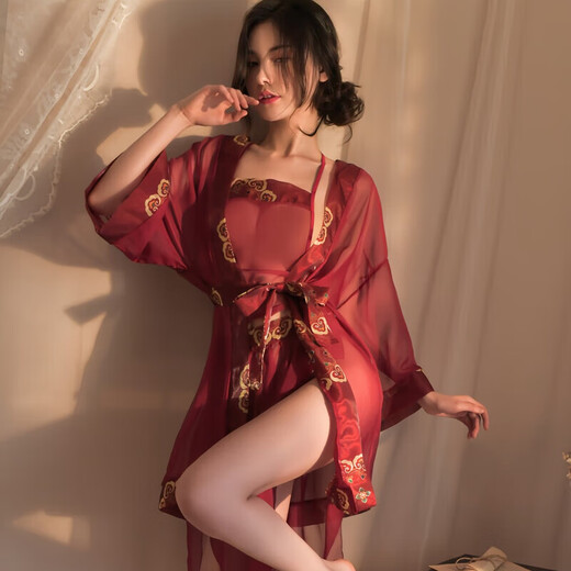 Sexy lingerie, sexy 2025 new style, ancient Chinese style, Hanfu, bellyband, uniform, temptation, passion, no need to take off, cheongsam, robe+bellyband+gauze skirt+belt+T pants, one size fits all, 80-130Jin Jin is equal to 0.5kg