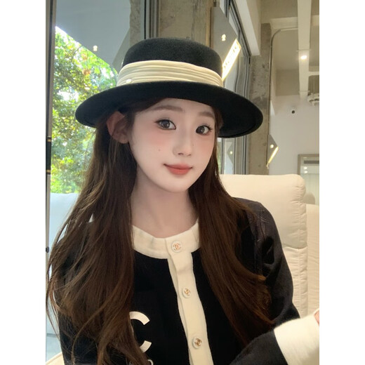 Hanqing Mid-summer French Hat Women's Autumn and Winter Woolen Flat Brim Hat Fashionable and Versatile Black Top Hat British Retro Flat Top Hat Black Adjustable
