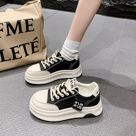 Woodpecker versatile platform shoes for women in autumn and winter niche thick-soled white shoes 2025 new Korean casual sports shoes for women black 37 (235mm)