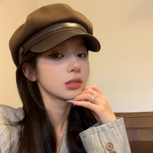 Duokeyu beret hat women's octagonal hat newsboy hat fashionable style big head circumference 2025 new autumn and winter high-looking woolen leather retro beret black